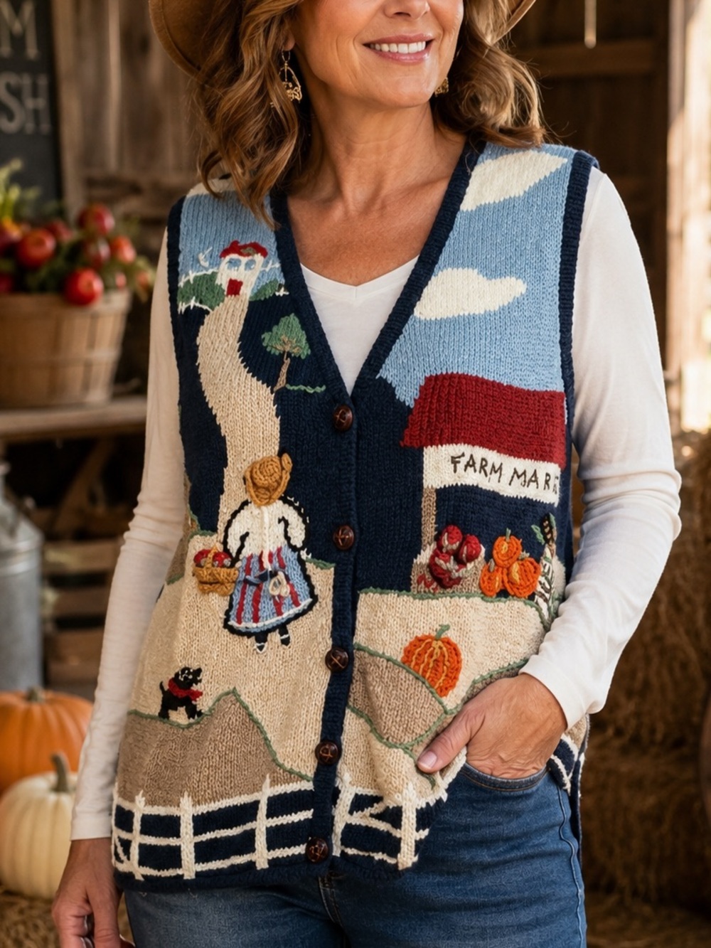 Vintage Capacity brand knit sweater vest 3D textured embroidered farm scene